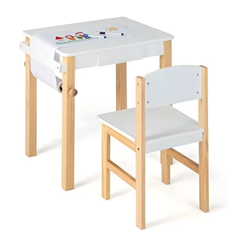 Costzon Kids Table And Chair Set, Toddler Study Desk W/Paper Roll, Drawer, 2 Marker Pens, Wooden Activity Table Set For Playroom & Nursery, Gift For Boys & Girls, Toddler Table & Chair (White) 1 Costzon Kids Table And Chair Set, Toddler Study Desk W/Paper Roll, Drawer, 2 Marker Pens, Wooden Activity Table Set For Playroom & Nursery, Gift For Boys & Girls, Toddler Table & Chair (White)