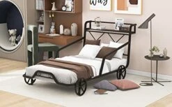 Conforliving Twin Car Bed, Meatal Bed For Kids Teens Toddlers Boys Girls