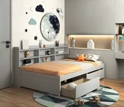 DEINPPA Full Size Platform Bed With Built-in Bookshelves And 2 Drawers, Wooden Captain Bed Frame For Kids Teens Adult Boys Girls, No Box Spring Needed, Grey -Safavieh Furniture 41qCwgCPUrL