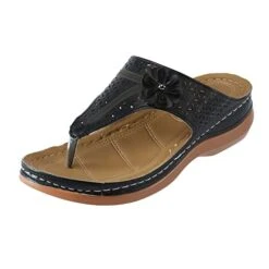 MatureGirl Sandals Women Summer Ladies Fashion Summer Solid Color Flower Cutout Wedge Beach Thong Sandals Crystal Sandals For Women Heels (Black, 7.5)