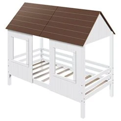 Bellemave Kids Wood House Bed/Twin Size Low Loft Bed With Two Front Windows,for Kids,Teens,Girls,Boys,Antique White -Safavieh Furniture 41qK80TT2qL