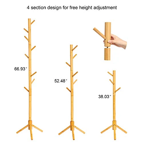 C&AHOME Bamboo Coat Rack Stand With 8 Hooks, Wooden Coat Tree Adjustable Sizes, Entryway Hall Tree Free Standing Coat Hanger Stand For Hat, Bag, Clothes, Jacket, Natural 4 C&AHOME Bamboo Coat Rack Stand With 8 Hooks, Wooden Coat Tree Adjustable Sizes, Entryway Hall Tree Free Standing Coat Hanger Stand For Hat, Bag, Clothes, Jacket, Natural - Image 4
