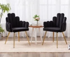 EALSON Velvet Dining Chairs Set Of 2 Comfy Upholstered Accent Arm Chairs With Mid Back Modern Finger Shape Vanity Chair With Gold Metal Legs For Living Room/Dining Room/Bedroom, Black