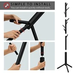 Azaeahom Coat Rack Freestanding With 8 Hooks 3 Adjustable Height Coat Racks Stand Clothing Hanger Stand Wooden Coat Tree Easy Assembly For Entryway, Bedroom, Hallway, Dormitory,Office Black