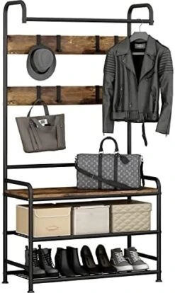 SUOERNUO Coat Rack Shoe Bench 3-in-1 Hall Tree Storage Shelf Organizer For Entryway Heavy Duty MDF Stand Coat Rack Industrial Accent Furniture With Stable Metal Frame (Rustic Brown + Black) -Safavieh Furniture 41r9Nv4StpL. AC