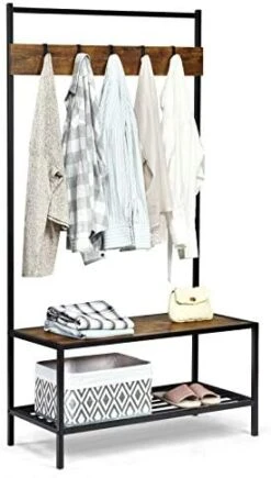 Tangkula Hall Tree With Bench And Shoe Storage, 3-In-1 Industrial Entryway Bench With Coat Rack, Wood Look Coat Rack Shoes Bench Storage Organizer For Home & Office, Coats/Hats/Shoes (Coffee) -Safavieh Furniture 41rBhJZ1F6L. AC