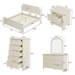 6 Pieces King Bedroom Sets, Rubber Wood King Size Platform Bed With Nightstand*2, Chest, Mirror And Dresser, Simple Style Wooden Bedroom Furniture Set For Teens Adults, Milky White -Safavieh Furniture 41rDVf3JfdL
