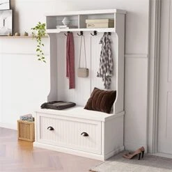 Entryway Hall Tree With Coat Rack 4 Hooks And Bench Shoe Cabinet White Modern Contemporary MDF Storage