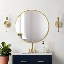LFT HUIMEI2Y Wall Circle Mirror Large Round 28Inch Black Metal Frame Wall Mounted Circle Mirror For Bathroom, Living Room, Dining Room, Make Up Vanity Mirror, Entryway Mirror -Safavieh Furniture 41rWYezM8dL. AC