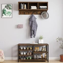 Karl Home 5 In 1 Coat Rack Shoe Bench Set, Hall Tree With 3 Storage Cubbies 4 Tiers Shoes Rack 7 Hooks, Vintage Clothing Shelf Shoe Stand For Entryway Hallway Living Room Bedroom, Vintage Walnut
