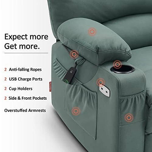 MCombo Electric Power Lift Recliner Chair Sofa With Massage And Heat For Elderly, Extended Footrest, Hand Remote Control, Cup Holders, USB Ports, 2 Side Pockets, Fabric 7095 4 MCombo Electric Power Lift Recliner Chair Sofa With Massage And Heat For Elderly, Extended Footrest, Hand Remote Control, Cup Holders, USB Ports, 2 Side Pockets, Fabric 7095 - Image 4