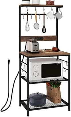 GiftGo Kitchen Bakers Rack With Power Outlet, Coffee Bar Table 4 Tiers, Kitchen Microwave Stand Multifunctional Kitchen Storage Shelf Rack For Spices, Pots And Pans (Grey) -Safavieh Furniture 41rZzDXEWgL. AC