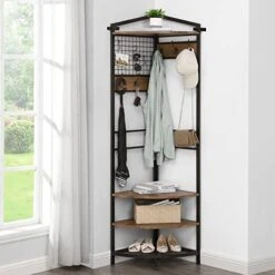 OIOG Corner Hall Tree, Industrial Corner Coat Rack With Hooks And Storage Shelf For Entryway, Hallway Corner Organizer With Shoes Rack (White Shelf) -Safavieh Furniture 41rluJ8pBKL. AC