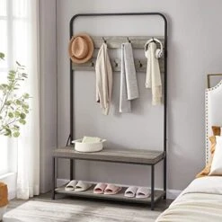 IBF Coat Rack With Shoe Bench, 3-In-1 Hall Tree With Storage Bench For Entryway, Industrial Metal And Wood Coat Tree With Shelf And Hanging Hook, Dark Gray Oak, 40.0" W X 16.5" D X 70.0" H -Safavieh Furniture 41rm7VHnAFL. AC