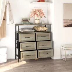 HOSEOKA Upgrade 6 Drawer Dresser For Bedroom, Rustic Wood Dresser With Shelves, Closet Storage Dresser, Chest Of Drawers, Woden Clothes Dresser Organizers