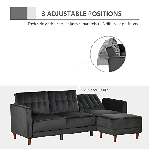 HOMCOM Upholstered L-Shaped Sofa Bed, Reversible Sectional Recliner Sofa Set, Velvet-Touch Sleeper Futon With Footstool, Black 6 HOMCOM Upholstered L-Shaped Sofa Bed, Reversible Sectional Recliner Sofa Set, Velvet-Touch Sleeper Futon With Footstool, Black - Image 6