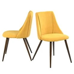FurnitureR Mid-Century Dining Room Chairs Set Of 2, Side Chair Velvet Upholstered Seat With Metal Frame, Yellow