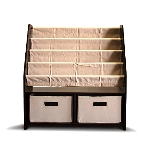 WonkaWoo Kids Sling Bookshelf Wooden Rack, 4 Levels Of Canvas Slings For Large Children Books And 2 Storage Bin Boxes For Toys Organizer, Espresso Shelf With Natural Fabric Slings 3 WonkaWoo Kids Sling Bookshelf Wooden Rack, 4 Levels Of Canvas Slings For Large Children Books And 2 Storage Bin Boxes For Toys Organizer, Espresso Shelf With Natural Fabric Slings - Image 3