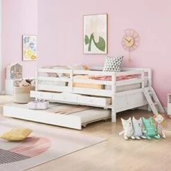 Twin Size Low Loft Bed With Trundle And Storage Drawers,Wood Bed Frame With Full Safety Fence For Kids Girls Boys(Grey) -Safavieh Furniture 41ryf5HdDNL. AC