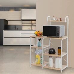 VINGLI Standing Baker's Rack 35.5 Inch Industrial Workstation Organizer Utility Storage Shelf 3-Tier+4-Tier Microwave Oven Stand Kitchen Baker's Rack With Metal Frame Spices Rack With 10 S-Hooks -Safavieh Furniture 41sPlbuSzyS