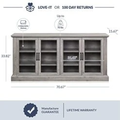 BELLEZE 70 Inch Sideboard Buffet Cabinet, Entertainment Center With Storage, Glass Display Cabinet With Adjustable Shelves Console Table Storage Cabinet For Living Room, Dining Room, Gray Wash