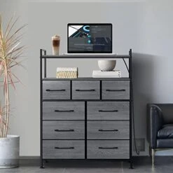 WASAGUN 9 Fabric Drawers Dresser, Dresser For Bedroom With Charging Station & USB Ports, Aluminum Alloy Handle And Wooden Top, Chest Of Drawers For Bedroom, Dark Grey