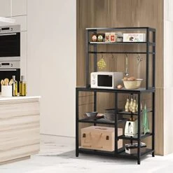 Bakers Rack With Storage, Industrial Microwave Oven Stand With Storage Mesh Panels And Sliding Hooks,Coffee Bar Stand With Wine Rack,Spice Rack, For Kitchen And Living Room, Black -Safavieh Furniture 41sp5UyphOL