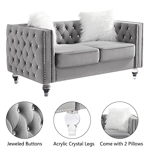 Mikibama Velvet Loveseat Sofa 59 Inch Jeweled Buttons Tufted Loveseat With Acrylic Crystal Legs And 2 Pillows Modern Furniture For Living Room, Bedroom(Grey) 4 Mikibama Velvet Loveseat Sofa 59 Inch Jeweled Buttons Tufted Loveseat With Acrylic Crystal Legs And 2 Pillows Modern Furniture For Living Room, Bedroom(Grey) - Image 4
