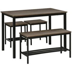 HOMCOM Industrial Dining Table Set, Kitchen Table And Chairs For 4, Dinner Table With Bench Set With Metal Frame & Storage Shelf, 4 Piece Dinette Set For Dining Room, Rustic Brown