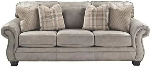 Signature Design By Ashley Olsberg Faux Leather Loveseat With Nailhead Trim And 2 Accent Pillows, Gray & Olsberg Faux Leather Ottoman With Nailhead Trim, Gray 5 Signature Design By Ashley Olsberg Faux Leather Loveseat With Nailhead Trim And 2 Accent Pillows, Gray & Olsberg Faux Leather Ottoman With Nailhead Trim, Gray - Image 5