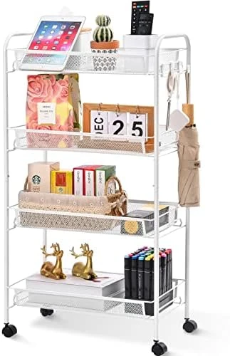 TOOLF 4-Tier Rolling Cart, Metal Utility Cart With 3 Hooks, Easy Assemble Mobile Storage Trolley On Wheels, Slide Out Shelving Units Kitchen Bathroom Laundry Room 8 TOOLF 4-Tier Rolling Cart, Metal Utility Cart With 3 Hooks, Easy Assemble Mobile Storage Trolley On Wheels, Slide Out Shelving Units Kitchen Bathroom Laundry Room - Image 8