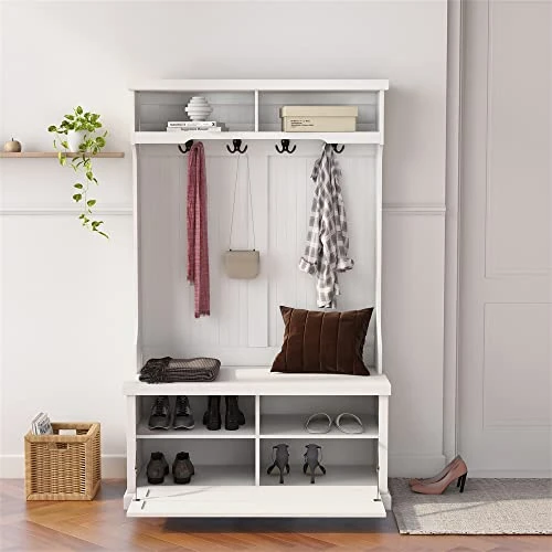 Entryway Hall Tree With Coat Rack 4 Hooks And Bench Shoe Cabinet White Modern Contemporary MDF Storage 4 Entryway Hall Tree With Coat Rack 4 Hooks And Bench Shoe Cabinet White Modern Contemporary MDF Storage - Image 4