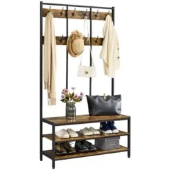 SAZAK Industrial Hall Tree With 2 Storage Shelves, Rustic Brown
