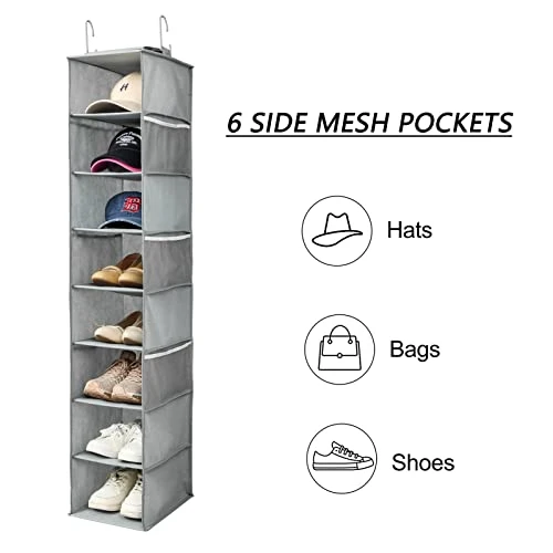 Berdeng Hanging Shoe Organizer For Closet With Side Mesh Pockets,Hat Racks For Baseball Caps,Shoe And Hat Holder & Storage,8-Shelf,Gray,2 Pack 5 Berdeng Hanging Shoe Organizer For Closet With Side Mesh Pockets,Hat Racks For Baseball Caps,Shoe And Hat Holder & Storage,8-Shelf,Gray,2 Pack - Image 5