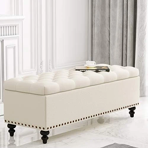 HUIMO Ottoman With Storage, 51-inch Storage Ottoman Bench With Button-Tufted, Bedroom Bench Safety Hinge Ottoman In Upholstered Fabrics, Large Storage Bench For Bedroom, Living Room (Ivory) 9 HUIMO Ottoman With Storage, 51-inch Storage Ottoman Bench With Button-Tufted, Bedroom Bench Safety Hinge Ottoman In Upholstered Fabrics, Large Storage Bench For Bedroom, Living Room (Ivory) - Image 9