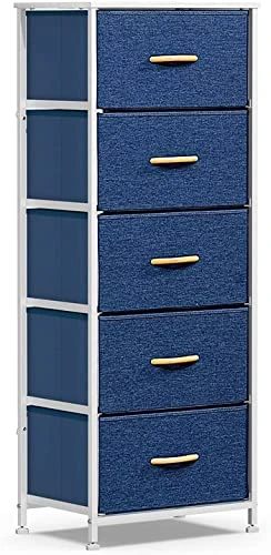 Vertical Dresser Storage Tower With 5 Drawers, Fabric Organizer Dresser Tower For Bedroom, Hallway, Entryway, Closets - Navy Blue