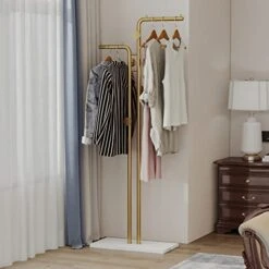 HKaikzo Double-pole Coat Rack Freestanding, Modern Metal Coat Racks Hanger Stand With 5 Hooks And Natural Marble Base, For Bedroom, Office, Hallway, Entryway, Living Room Gold… -Safavieh Furniture 41u0slSUuFL