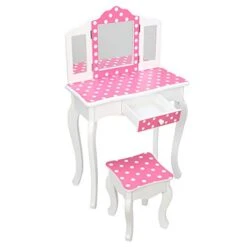 Ochine Kids Vanity Set Kids Vanity Table And Chair Set Kids Pretend Play Kids Vanity Stool With Stool Girls Princess Makeup Desk Tri-Folding Mirror Makeup Dressing Table With Drawer Gift For Girls