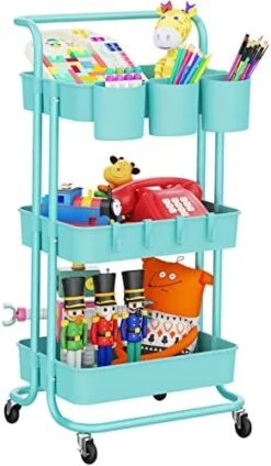 LEHOM 3-Tier Rolling Utility Cart With Hanging Cups & Hooks & Handle, Multifunctional Art Cart Organizer Storage With Wheels, Easy Assembly For Office, Bedroom, Kitchen, Bathroom, Laundry (White) -Safavieh Furniture 41uKauB1ILL. AC