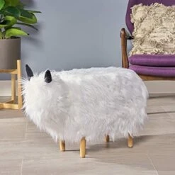 Christopher Knight Home Kamla Furry Yak Ottoman, White, Natural Finish -Safavieh Furniture 41ufOleX7CL