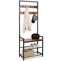 HOMEKOKO Coat Rack Shoe Bench, Hall Tree Entryway Storage Bench, Wood Look Accent Furniture With Metal Frame, 3-in-1 Design (Rustic Brown)