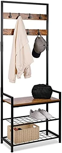 HOMEKOKO Coat Rack Shoe Bench, Hall Tree Entryway Storage Bench, Wood Look Accent Furniture With Metal Frame, 3-in-1 Design (Rustic Brown) 8 HOMEKOKO Coat Rack Shoe Bench, Hall Tree Entryway Storage Bench, Wood Look Accent Furniture With Metal Frame, 3-in-1 Design (Rustic Brown) - Image 8
