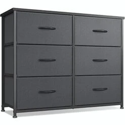 Dresser For Bedroom, 6 Drawer Storage Organizer Tall Wide Dresser For Bedroom Hallway, Sturdy Steel Frame Wood Top, Black Grey