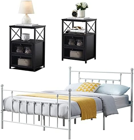 Queen Size Metal Bed Frame And Versatile Nightstands Set Of 2, Heavy-Duty Platform With Headboard,Night Stands Side End Tables With Storage Drawers For Bedroom, Living Room, Easy Assemble, Black+Brown 14 Queen Size Metal Bed Frame And Versatile Nightstands Set Of 2, Heavy-Duty Platform With Headboard,Night Stands Side End Tables With Storage Drawers For Bedroom, Living Room, Easy Assemble, Black+Brown - Image 14