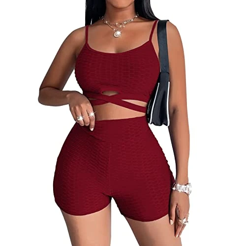 MatureGirl Womens 2 Piece Workout Sets Strappy Crop Top High Waisted Scrunch Shorts Yoga Outfits Outfits Women Dressy (Red, L) 2 MatureGirl Womens 2 Piece Workout Sets Strappy Crop Top High Waisted Scrunch Shorts Yoga Outfits Outfits Women Dressy (Red, L) - Image 2
