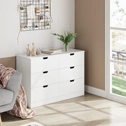 FOTOSOK 6 Drawer Dresser Double Dresser, White Dresser Modern Dresser For Bedroom, 6 Chest Of Drawers Wood Storage Organizer Dresser With Cut-Out Handles For Bedroom,Living Room, Hallway -Safavieh Furniture 41vlcYgBhHL