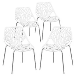 Bonnlo Modern Stackable Chair Set Of 4,Kitchen White Dining Chairs,Birch Sapling Comfy Chairs For Dining Room,Living Room,Waiting Room (White)