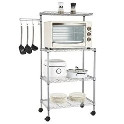 WEI WEI GLOBAL 4-Tier Standing Baker’s Racks, Kitchen Microwave Stand Metal Utility Storage Shelf With Wheels And Hooks