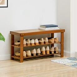 MoNiBloom Bamboo Shoe Bench, 2 Tiers Boots Heels Sneaker Organizer Rack Changing Stool With Seat For Hallway, Entryway, Living Room - Brown (6-8 Pairs) -Safavieh Furniture 41voi0rqV4L