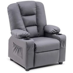 MCombo Big Kids Recliner Chair With Cup Holders For Toddler Boys And Girls, 2 Side Pockets, 3+ Age Group, Faux Leather 7322(Dark Grey)